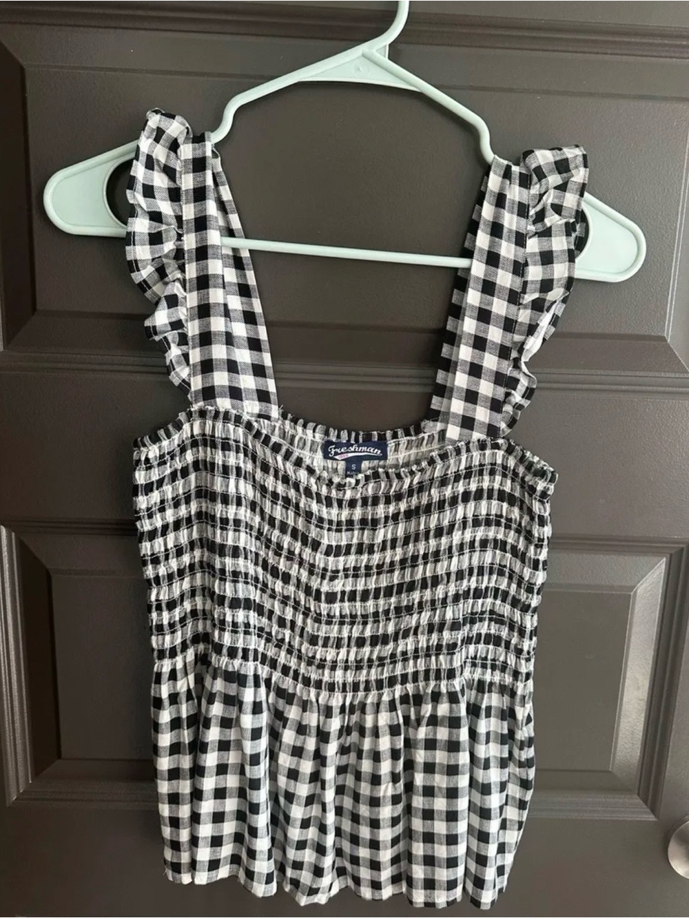 Freshman Black & White Gingham Smocked Ruffle Strap Tank